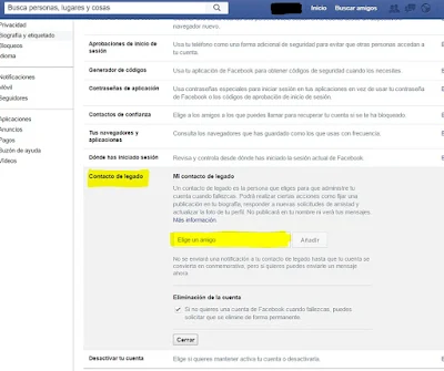 Captura de pantalla de la configuración del contacto de legado en Facebook