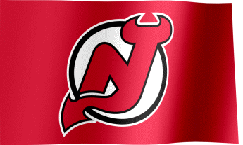 The waving red fan flag of the New Jersey Devils with the logo (Animated GIF)
