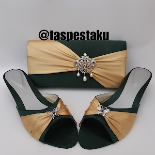 Tas Pesta dan Sandal Pesta Matching Hijau Botol Gold