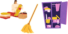 Collage of a broom, lady folding clothes and a messy closet