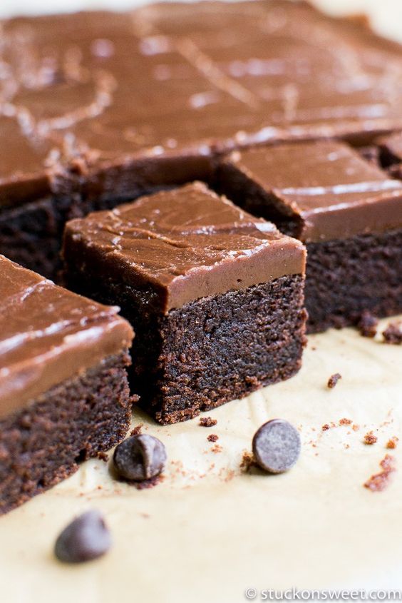 A thick, moist and fudgy brownie topped with a fudge like frosting.