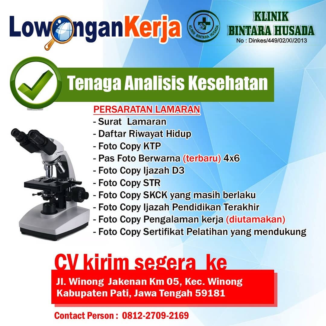 Informasi Lowongan Kerja Tenaga Analis Kesehatan Klinik Bintara Husada Pati