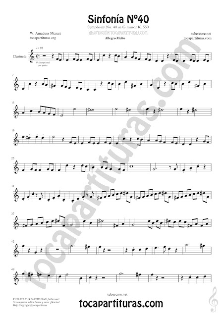  Partitura de Clarinete de Sinfonía Nº40 de Mozart Sheet Music for Clarinet Music Scores