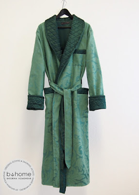 Mens Man Dressing Gown Classic English Style Green Mint Dark Floral Baroque Patterned Long Robe Bespoke Cotton Silk