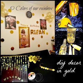 diy gold decoration, sequin door hanging, monogram vase, contact paper polka dot wall