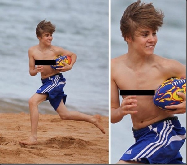 Justin Bieber correndo na praia sem camisa