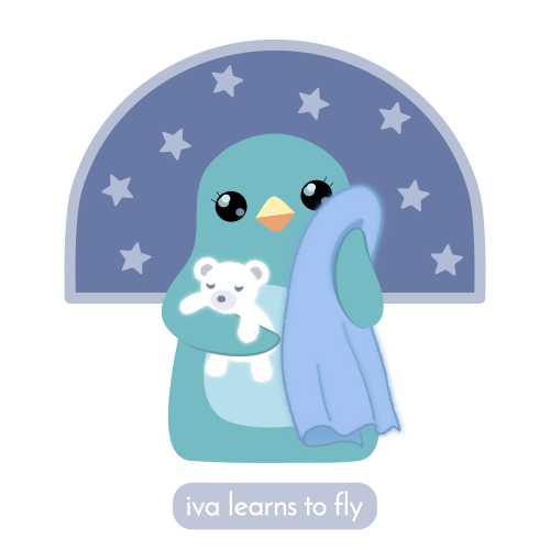 Bedtime Penguin with blankie and teddy bear is not sleepy, but willing to negotiate | vector illustration by iva learns to fly