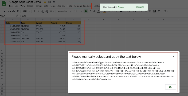 Copy sheets as HTML table