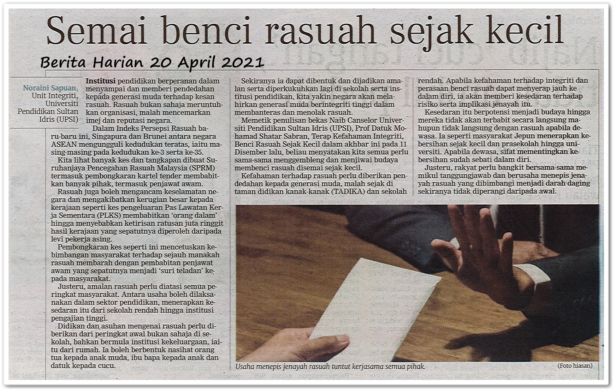 Semai benci rasuah sejak kecil - Keratan akhbar Berita Harian 20 April 2021