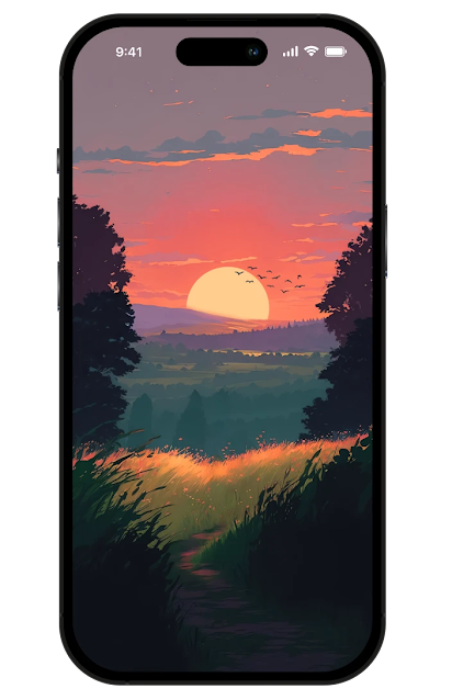 beautiful illustration of a nature sunset with birds flying to use as background wallpaper on ios 17 iphone 15 or android 13