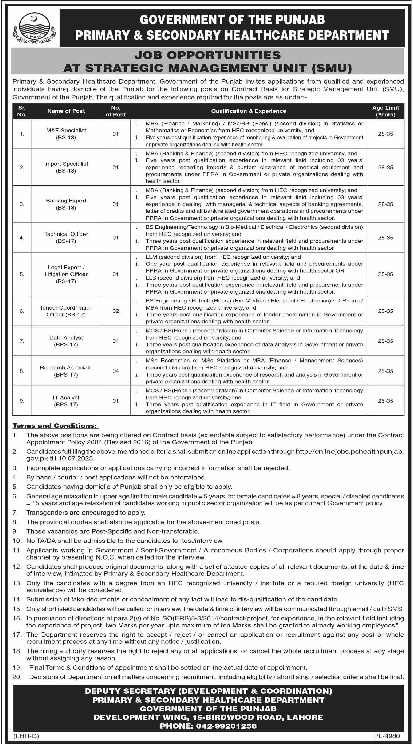 Punjab Primary Secondary Healthcare Department Jobs