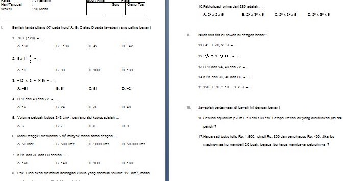 Download Contoh Soal UTS SD/MI Kelas VI Semester 1 Mata 