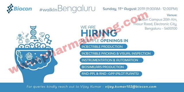 Biocon | Walk-in interview for Multiple Departments | 11 August 2019 | Bangalore
