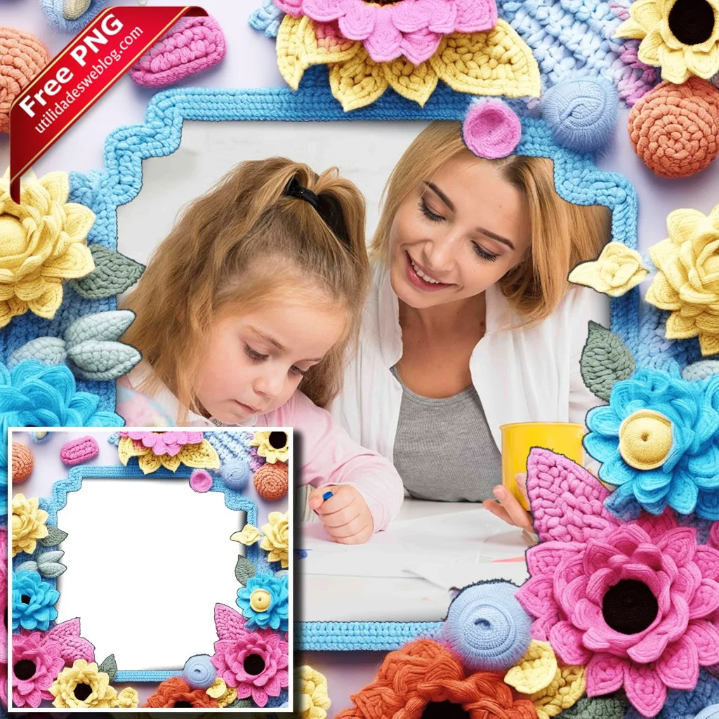 marco para fotos con flores de chrochet o bordadas en png con fondo transparente para descargar gratis