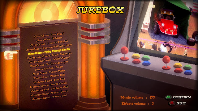 Bud Spencer & Terence Hill - Slaps and Beans -  The Jukebox, which we can find in the game menu. It contains 16 tracks, by Oliver Onions, Fantastic Oceans, etc.