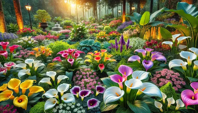 A vibrant garden with colorful calla lilies in white, pink, yellow, purple, and orange.