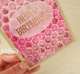 Acheive this look by sponging ink onto an embossing folder, lightly spritzing watercolor paper with water, then run it through a die cut machine. Made using Stampin Up Window Shopping stamp set and Hexagons embossing folder. Tanya Boser for the Stamp Review Crew