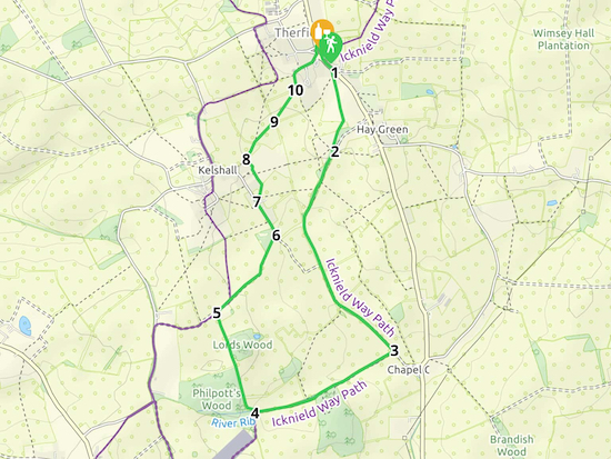 Map for Walk 121: Therfield Loop S Created on Map Hub by Hertfordshire Walker Elements © Thunderforest © OpenStreetMap contributors There is an interactive map below these directions