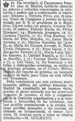  Nota de Manuel Golmayo en ABC sobre el I Torneo Femenino de Ajedrez Madrid 1934