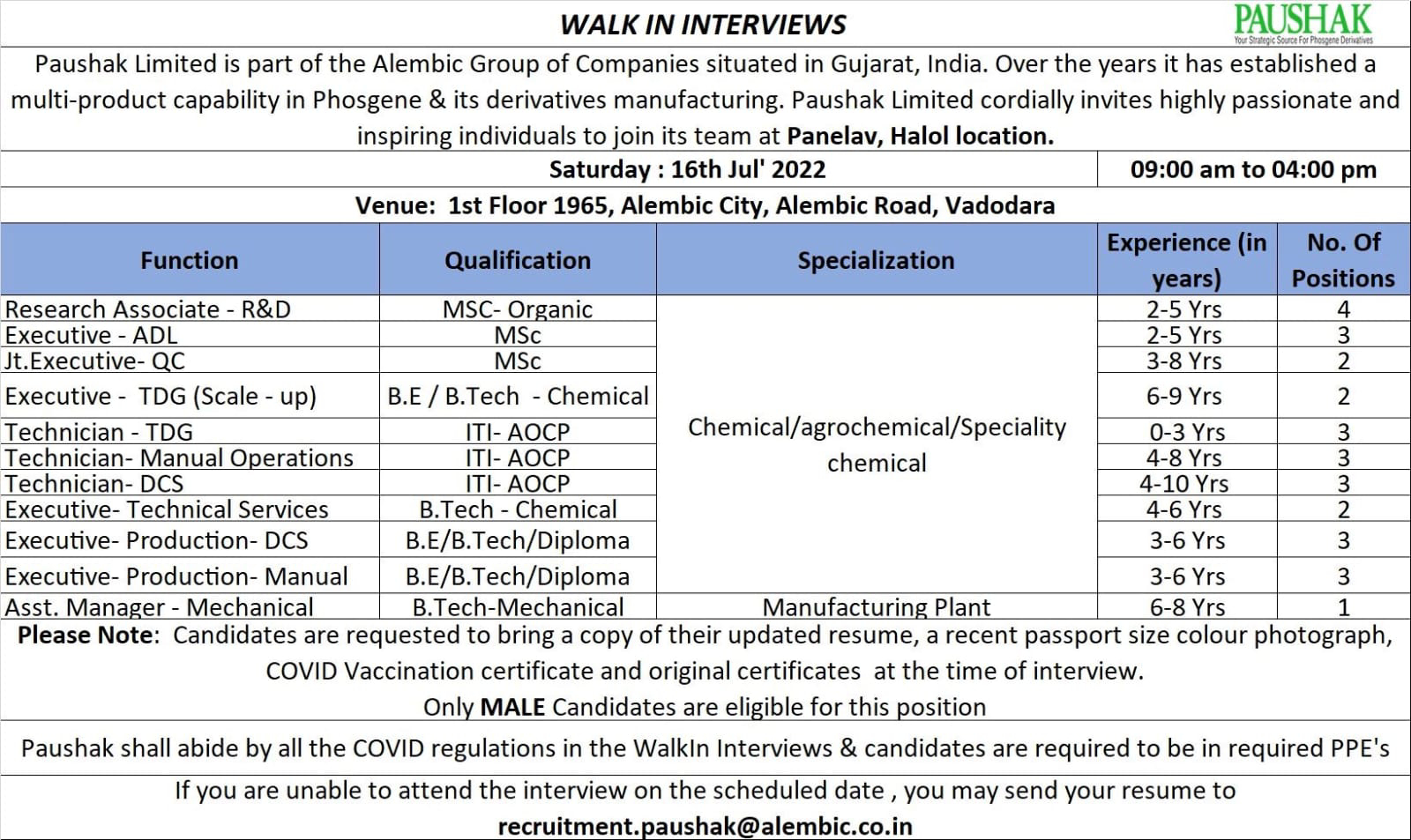 Job Available's for Paushak Ltd Walk-In Interview for MSc Organic/ BE/ B Tech Chemical/ ITI- AOCP/ Diploma/ Mechanical