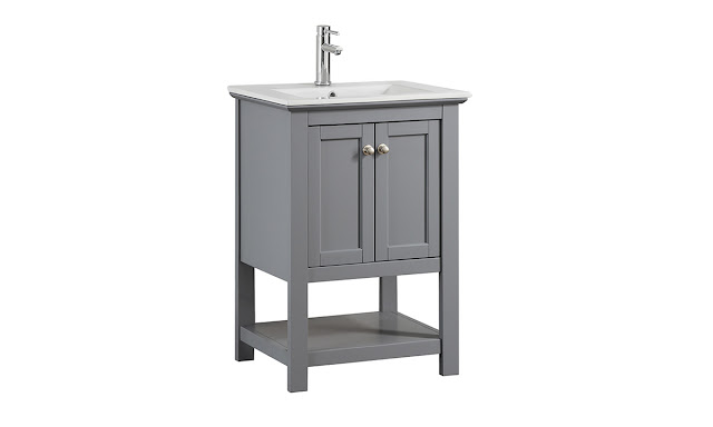 Manchester 24" modern bathroom cabinet in gray with gooseneck faucet.