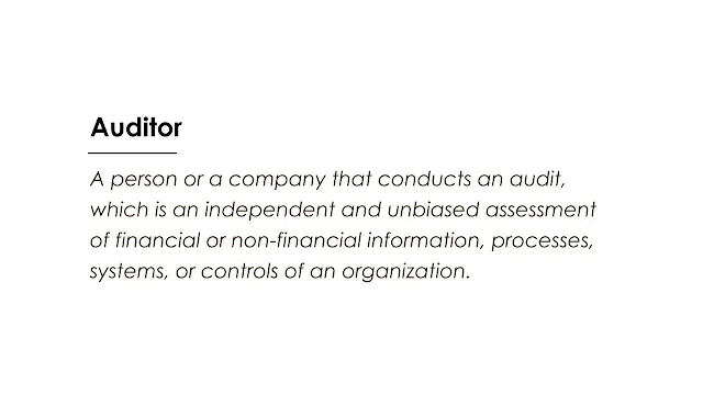 A person or a company that conducts an audit, which is an independent and unbiased assessment of financial or non-financial information, processes, systems, or controls of an organization.