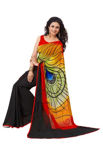 Peacock Feather Digital Design Printed Saree