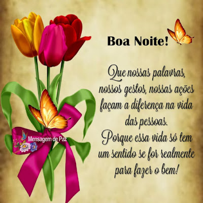 Que nossas palavras, nossos gestos,  nossas ações façam a diferença   na vida das pessoas.  Porque essa vida só tem um sentido   se for realmente para fazer o bem!  Boa Noite!