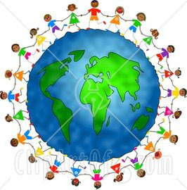 a bunch of diverse children holding hands and running around the globe of the world