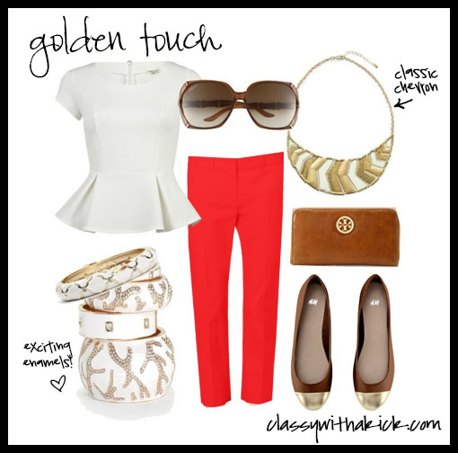 Casual Outfit with white red and gold