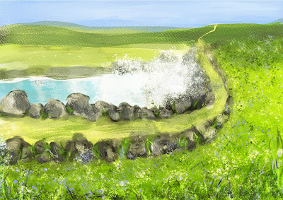 This digital watercolour looks more like a traditional one, showing a path between a green wildflower meadow and the splashing sea or ocean. The path leads up into soft green hills...