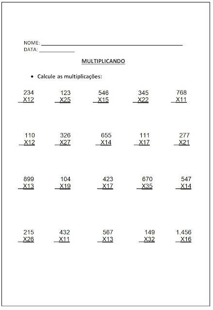 Altividades de Multiplicação - Atividades de Multiplicação 5º ano parte I