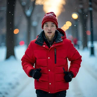 A young Asian man jogging through a snowy urban park in winter, wearing a bright red puffer jacket and a beanie, determined expression.