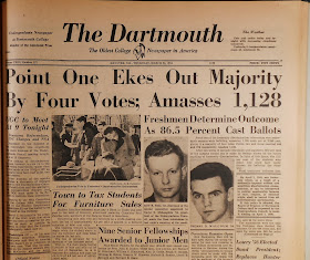 A copy of The Dartmouth, with the heading "Point One Ekes Out Majority By Four Votes; Amasses 1,128."