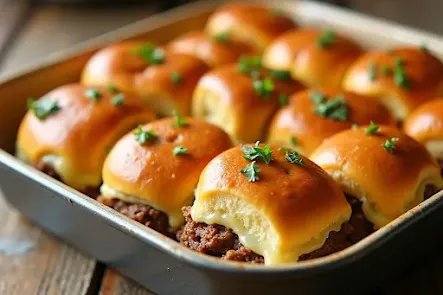 Golden French Onion Roast Beef Sliders in a baking dish, with melted cheese and caramelized onions, garnished with parsley.