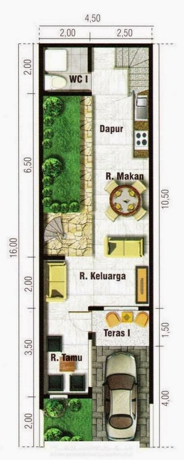 denah rumah lebar 4 meter yang terkini