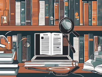 Virtual bookshelf with e-books and whitepapers, surrounded by research and magnifying glass.