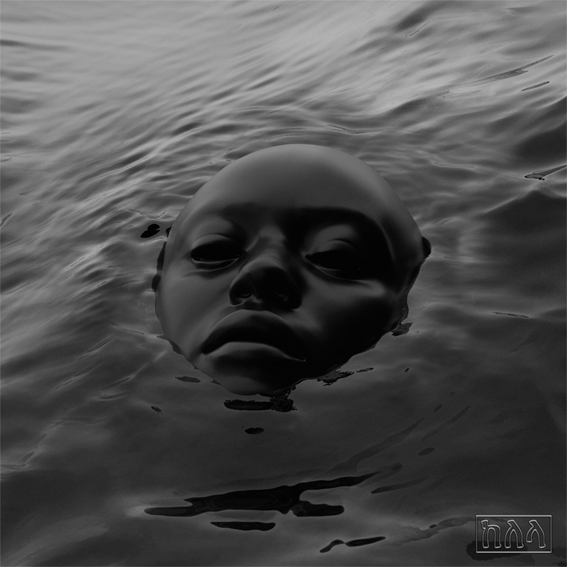 A 3D render of Kelela’s face, jet black and partially submerged in water.