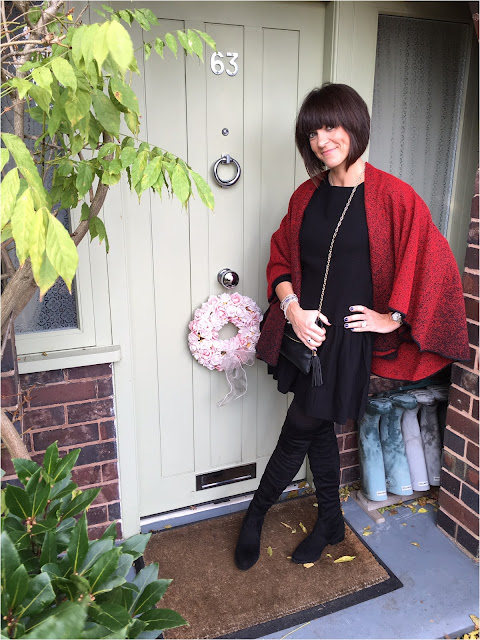 My Midlife Fashion, Damart Woven Wrap, Schuh Dash Boots, Hush Willow Knit Dress, Bella Jane Jewellery, Yosa Jane Clutch Bag