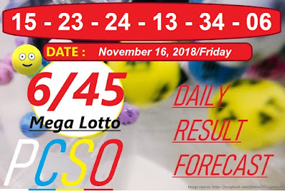 November 16, 2018 6/45 Mega Lotto Result 6 digits winning number combination