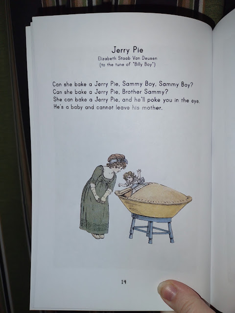 A girl leans over to look inside a large pie on a small round table. Jumping out of the pie is a baby. Above is text reading, "Jerry Pie, Elizabeth Staab Van Deusen. To the tune of 'Billy Boy.' Can she bake a Jerry Pie, Sammy Boy, Sammy Boy? Can she bake a Jerry Pie, Brother Sammy? She can bake a Jerry Pie, and he'll poke you in the eye. He's a baby and cannot leave his mother."