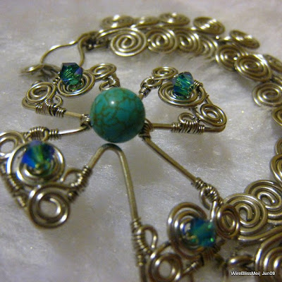 wire wrapped swirly cross with egyptian coil bracelet - 8mm turquoise focal