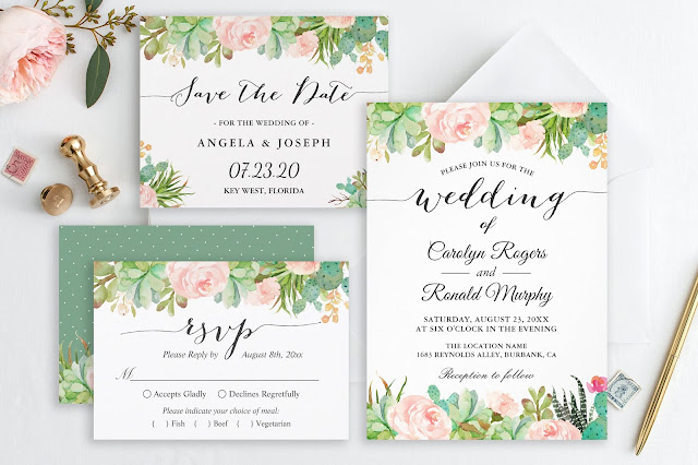  Rustic Succulent Cactus Floral Wedding Invitation Suite