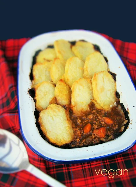 Scottish Vegetarian Cottage Pie with a sliced potato topping