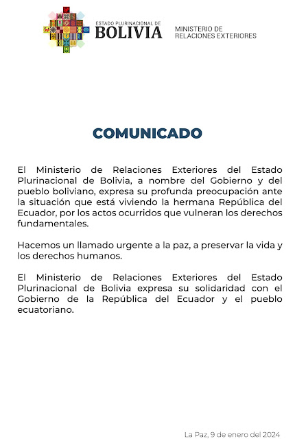 Relaciones Exteriores del Estado Plurinacional de Bolivia con relación a la situación que vive la hermana República del Ecuador