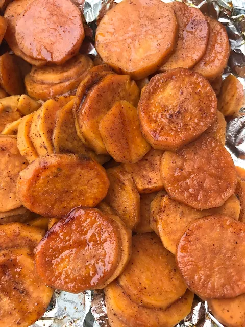 Cooked maple cinnamon sweet potatoes.