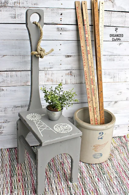 Farmhouse Style Windmill Stenciled Stool www.organizedclutter.net