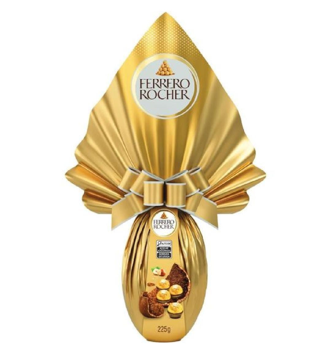 Fundo branco. Ovo de Páscoa Ferrero Rocher. Indica alto teor de açúcar e gordura saturada.