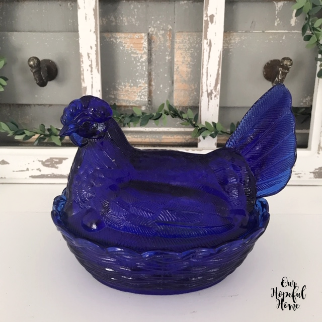 vintage blue glass hen on nest with lid