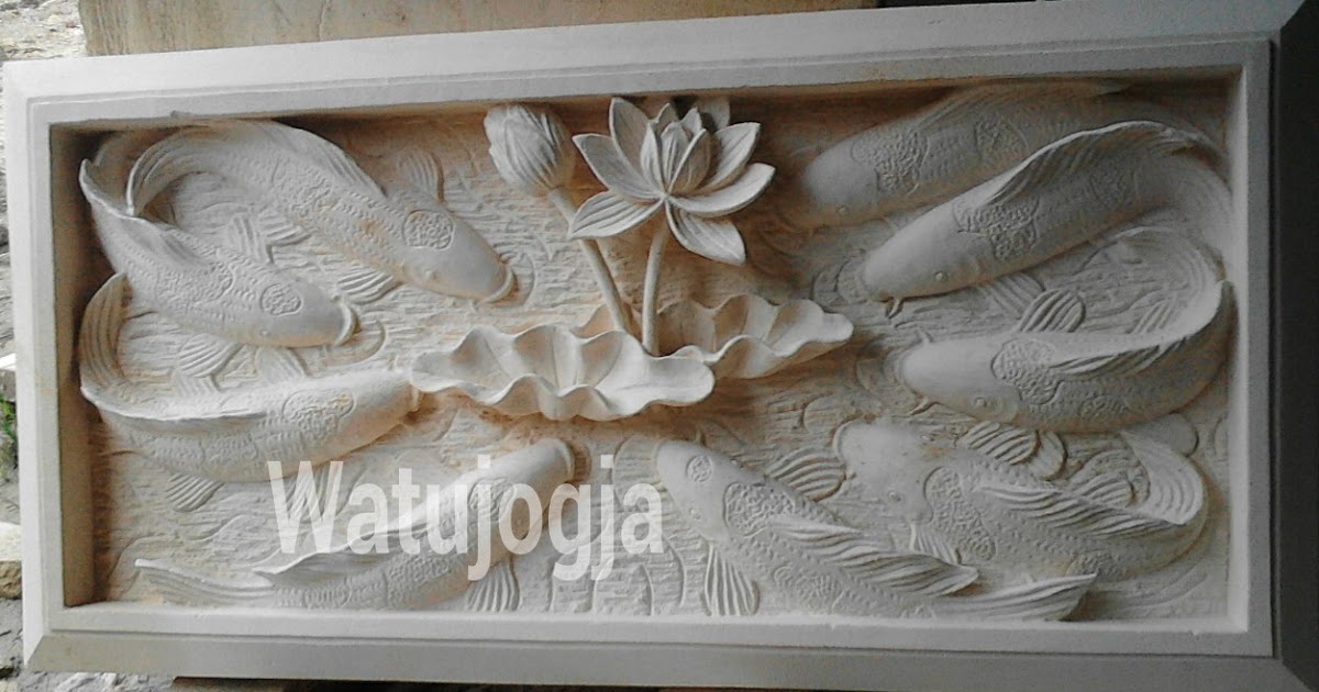 Ukir batu putih Relief motif  ikan  koi 